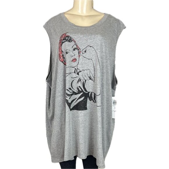 Vinyl Icons +5 Gray Heather Crew Neckline Rosie Riveter Graphic Muscle Tank Tee - Picture 2 of 6